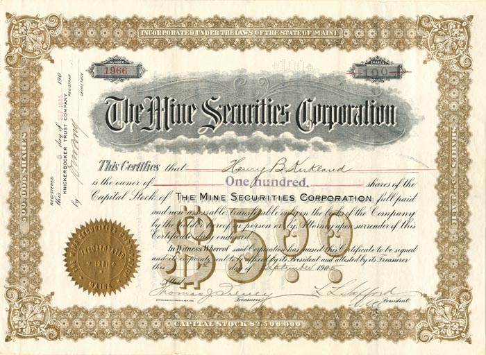 Mine Securities Corporation - Stock Certificate